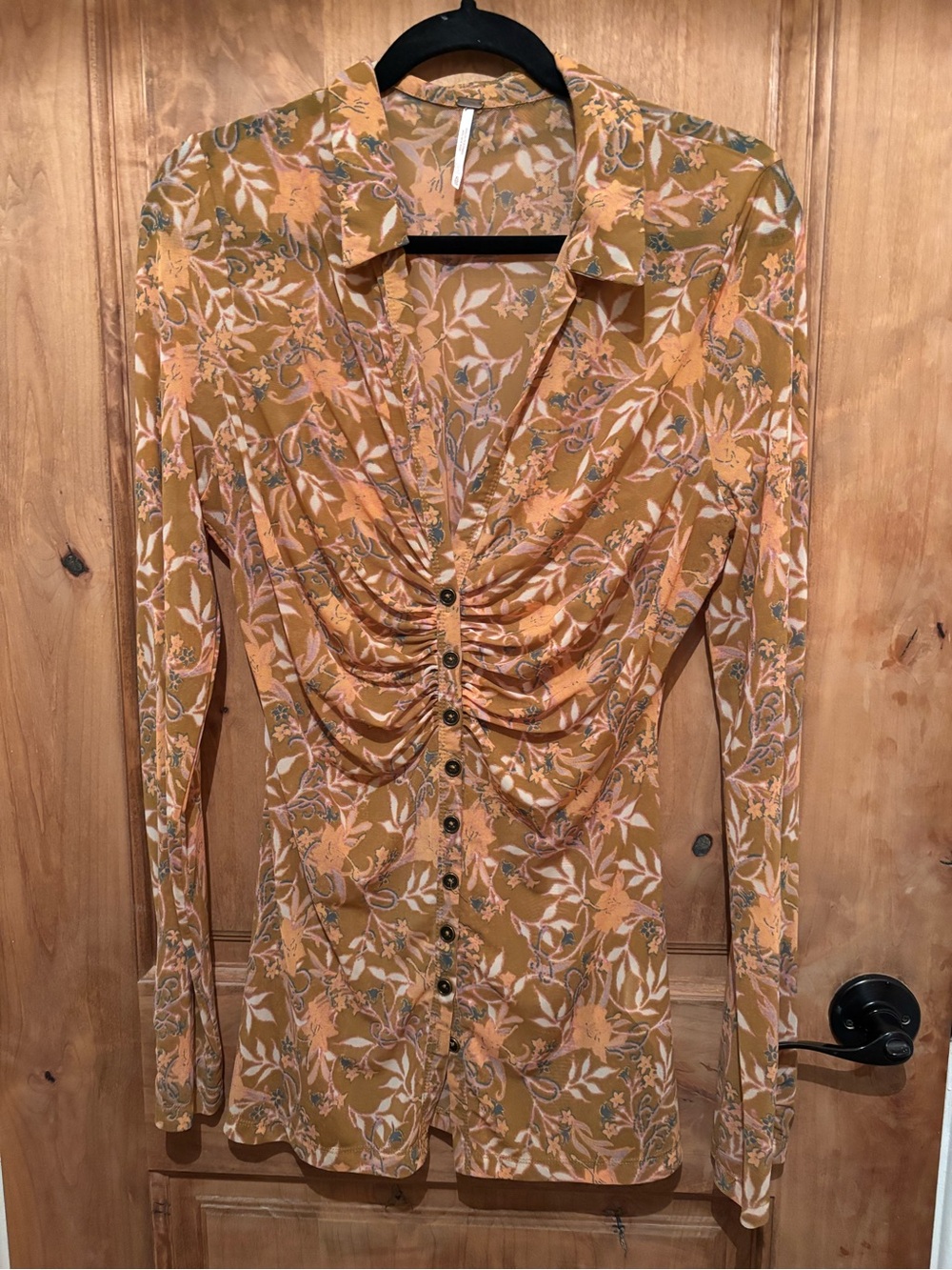 Free People Lucky Shirtee. Mustard Floral Ruched Button-Down Shirt